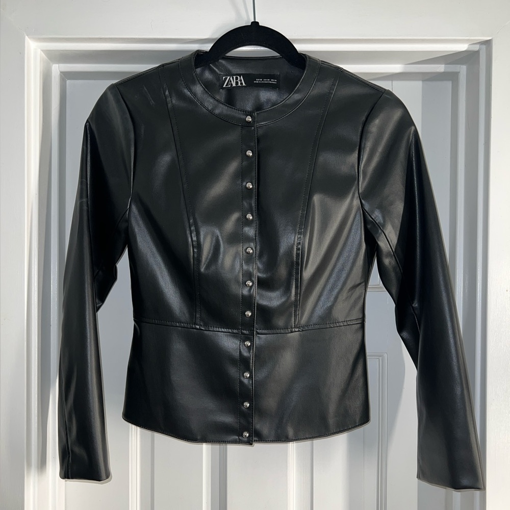 Zara Faux/Vegan Leather Black Jacket, Silver Studs, Size XS, extra small